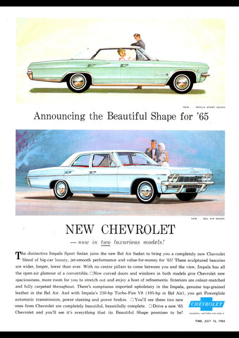 1965 CHEVROLET BEL AIR SEDAN & IMPALA AUSSIE AD ART PRINT POSTER