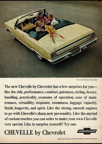 1965 CHEVROLET CHEVELLE MALIBU CONVERTIBLE USA AD ART PRINT POSTER