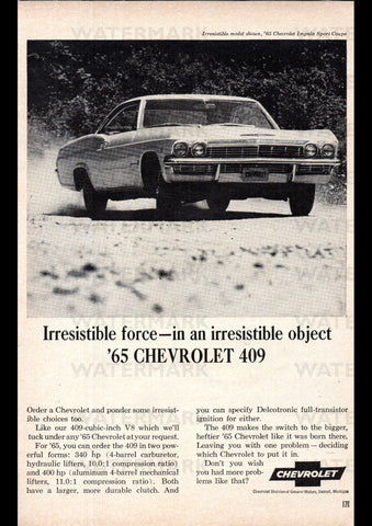 1965 CHEVROLET IMPALA 409 SPORT COUPE USA AD ART PRINT POSTER