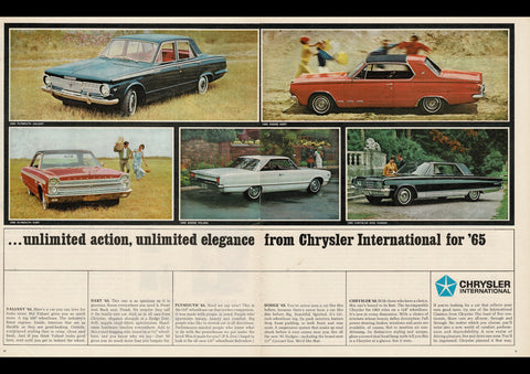 1965 PLYMOUTH VALIANT DODGE DART POLARA CHRYSLER NEW YORKER INTERNATIONAL AD ART PRINT POSTER