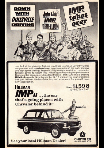 1966 CHRYSLER HILLMAN IMP II 2 DOOR SEDAN AUSSIE AD ART PRINT POSTER