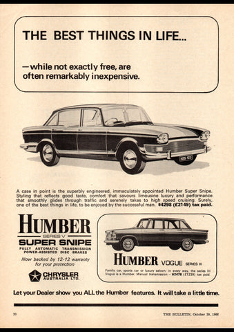 1966 CHRYSLER HUMBER SUPER SNIPE SALOON SERIES IV VOGUE AUSSIE AD ART PRINT POSTER