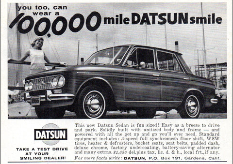 1966 DATSUN 1300 BLUEBIRD SEDAN NISSAN USA AD ART PRINT POSTER