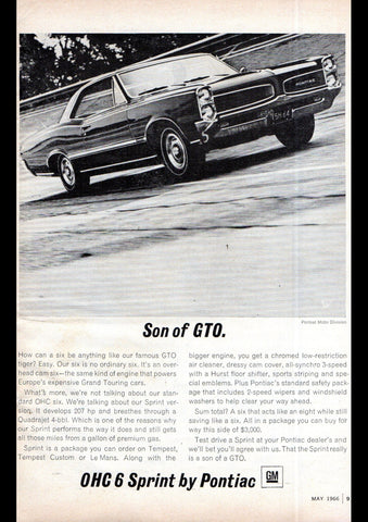 1966 PONTIAC OHC 6 SPRINT SON OF GTO HARDTOP USA AD ART PRINT POSTER