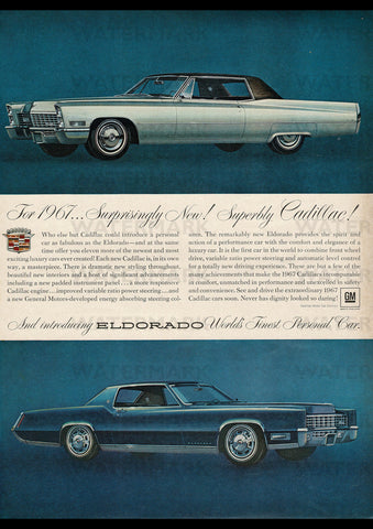 1967 CADILLAC COUPE DEVILLE & FLEETWOOD ELDORADO USA AD ART PRINT POSTER