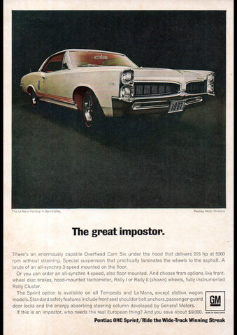 1967 PONTIAC OHC 6 SPRINT USA AD ART PRINT POSTER