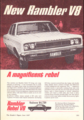 1967 RAMBLER REBEL V8 AMC AUSSIE AD ART PRINT POSTER