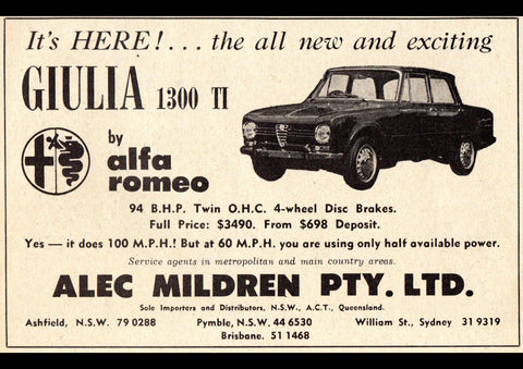 1968 ALEC MILDREN MOTORS ALFA ROMEO GIULIA AUSSIE AD ART PRINT POSTER