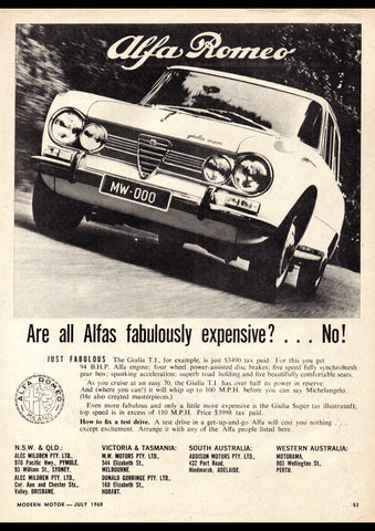 1968 ALFA ROMEO GIULIA TI AUSSIE AD ART PRINT POSTER