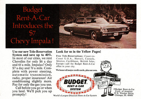 1968 BUDGET RENT A CAR CHEVROLET IMPALA USA AD ART PRINT POSTER