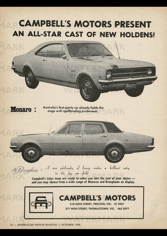 1968 CAMPBELLS MOTORS HK HOLDEN MONARO GTS-327 COUPE & BROUGHAM AUSSIE REPRO AD ART PRINT POSTER