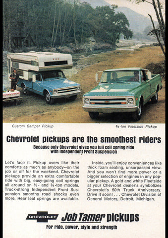 1968 CHEVROLET CUSTOM CAMPER & QUARTER TON FLEETSIDE PICKUP USA AD ART PRINT POSTER