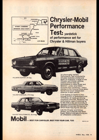 1968 CHRYSLER MOBIL PERFORMANCE TEST VE VALIANT & HILLMAN HUNTER AUSSIE AD ART PRINT POSTER