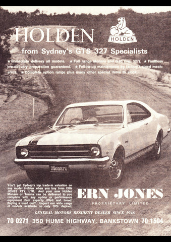 1968 ERN JONES HOLDEN DEALER HK MONARO GTS AUSSIE AD ART PRINT POSTER