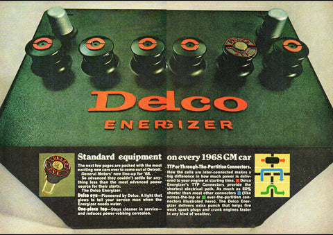 1968 GM GENERAL MOTORS DELCO ENERGIZER BATTERIES USA AD ART PRINT POSTER