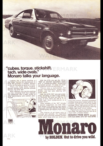 1968 HK HOLDEN MONARO 327 GTS AUSSIE AD ART PRINT POSTER