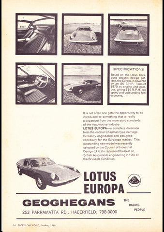 1968 LOTUS EUROPA AUSSIE AD ART PRINT POSTER