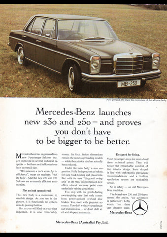 1968 MERCEDES BENZ 230 & 250 SEDAN AUSSIE AD ART PRINT POSTER