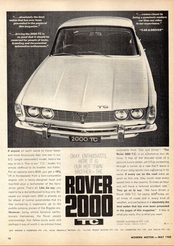 1968 P6 ROVER 2000 TC AUSSIE AD ART PRINT POSTER