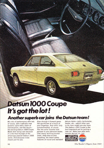 1969 DATSUN 1000 COUPE NISSAN AUSSIE REPRO AD ART PRINT POSTER