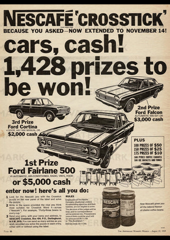 1969 NESCAFE FORD GIVEAWAY ZB FAIRLANE XT FALCON CORTINA MARK II AUSSIE REPRO AD ART PRINT POSTER