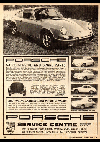 1969 PORSCHE SERVICE CENTRE 912 911T 911E 911S AUSSIE AD ART PRINT POSTER