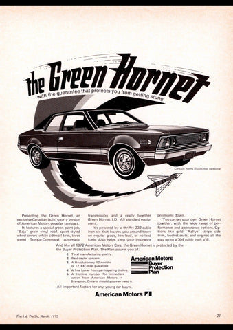 1972 AMC GREEN HORNET CANADA AD ART PRINT POSTER