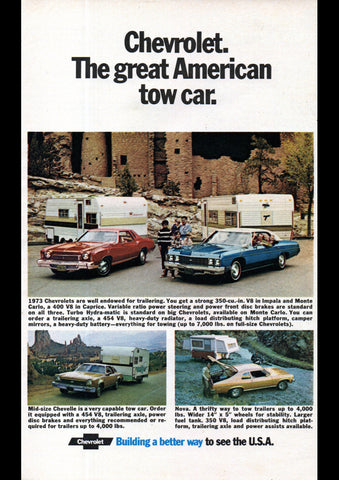 1973 CHEVROLET IMPALA MONTE CARLO CHEVELLE NOVA THE GREAT AMERICAN TOW CAR USA AD ART PRINT POSTER