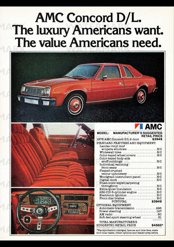 1978 AMC CONCORD DL 2 DOOR USA AD ART PRINT POSTER