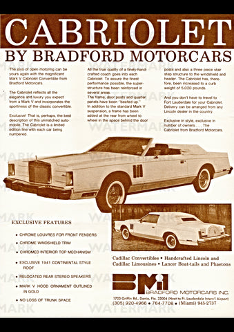 1978 BRADFORD CABRIOLET (LINCOLN CONTINENTAL MARK V CONVERSION) USA AD ART PRINT POSTER