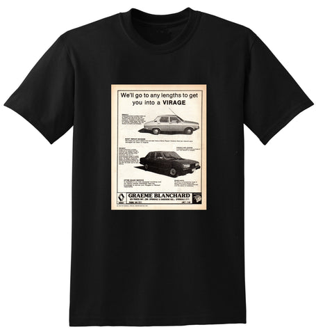 1978 GRAEME BLANCHARD MOTORS RENAULT VIRAGE SEDAN PEUGEOT 604 GL AUSSIE AD TSHIRT