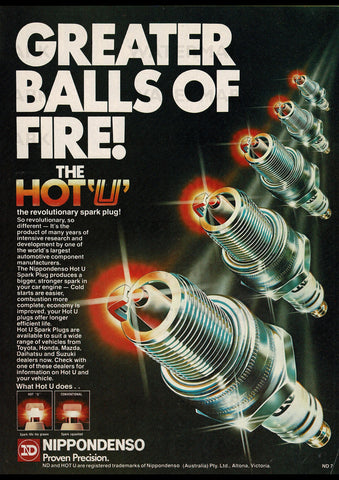 1981 NIPPONDENSO HOT U SPARK PLUGS AUSSIE AD ART PRINT POSTER