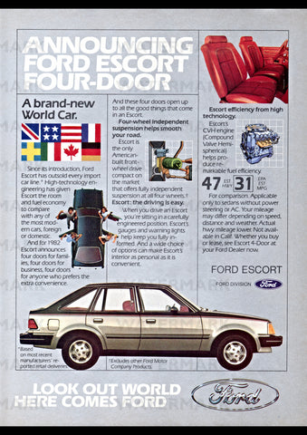 1982 FORD ESCORT FOUR DOOR SEDAN USA AD ART PRINT POSTER