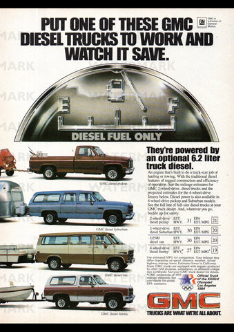 1983 GMC 6.2 LITRE V8 DIESEL LIGHT DUTY TRUCKS USA AD ART PRINT POSTER