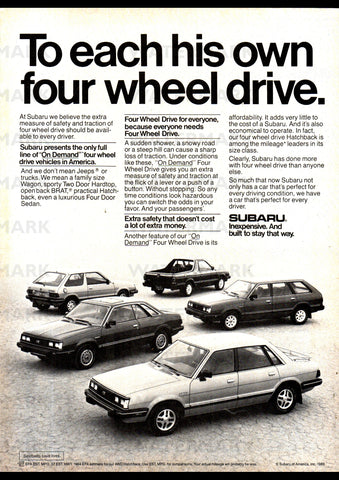 1984 SUBARU 4WD RANGE HATCHBACK UTILITY COUPE SEDAN WAGON USA AD ART PRINT POSTER