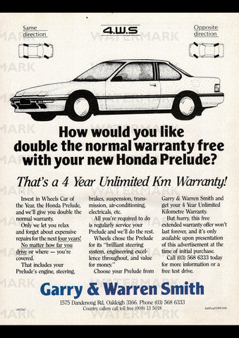 1988 GARRY & WARREN SMITH HONDA PRELUDE 4WS COUPE AUSSIE AD ART PRINT POSTER