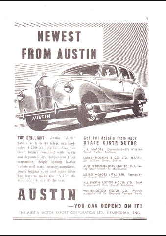 1948 AUSTIN A40 SALOON AUSSIE REPRO AD ART PRINT POSTER