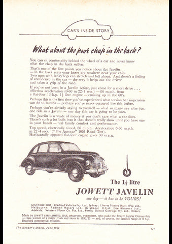 1952 JOWETT JAVELIN 1.5 LTRS AUSSIE REPRO AD ART PRINT POSTER