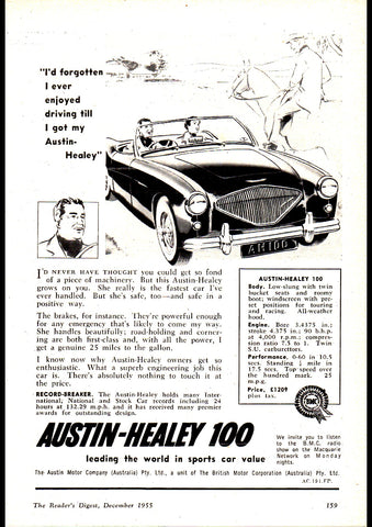 1956 AUSTIN HEALEY 100 BMC AUSSIE REPRO AD ART PRINT POSTER