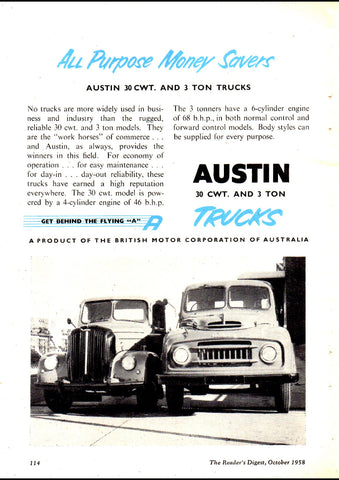 1958 AUSTIN 30CWT & 3 TON TRUCKS BMC AUSSIE REPRO AD ART PRINT POSTER