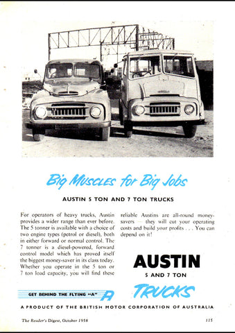 1958 AUSTIN 5 AND 7 TON TRUCKS BMC AUSSIE REPRO AD ART PRINT POSTER