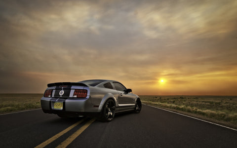 SILVER FORD MUSTANG SUNSET GICLEE CANVAS ART PRINT POSTER